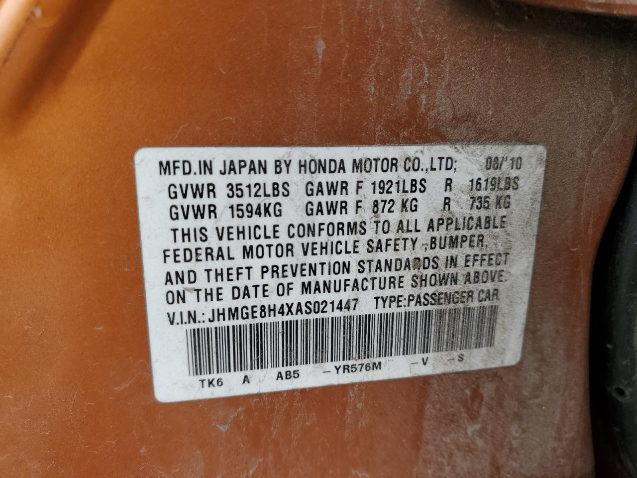 2010 Honda Fit VIN JHMGE8H4XAS021447 Copart auction photo, front end / side damage thumbnail 15