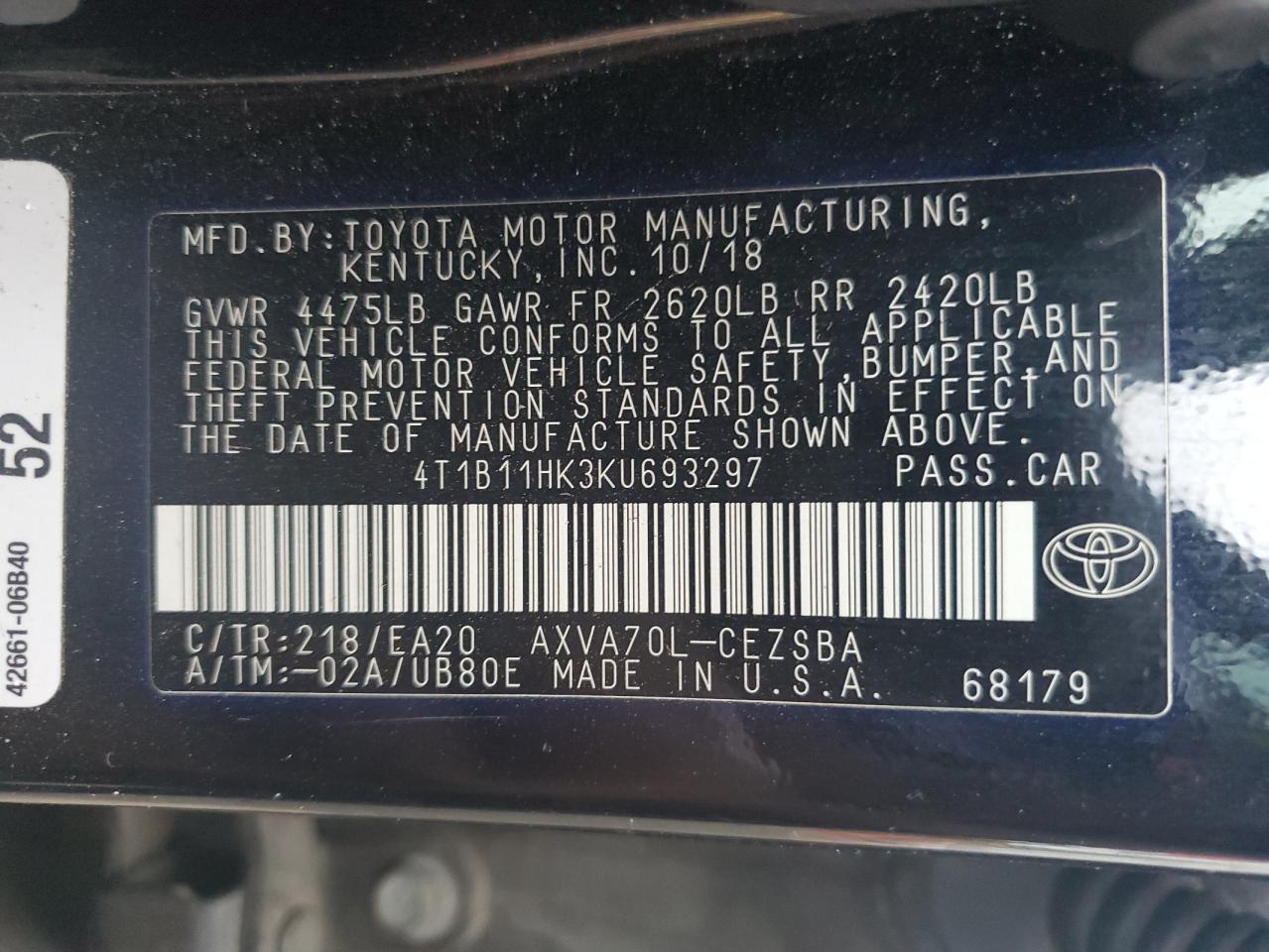 2019 Toyota Camry VIN 4T1B11HK3KU693297 Copart auction photo, rollover damage thumbnail 12
