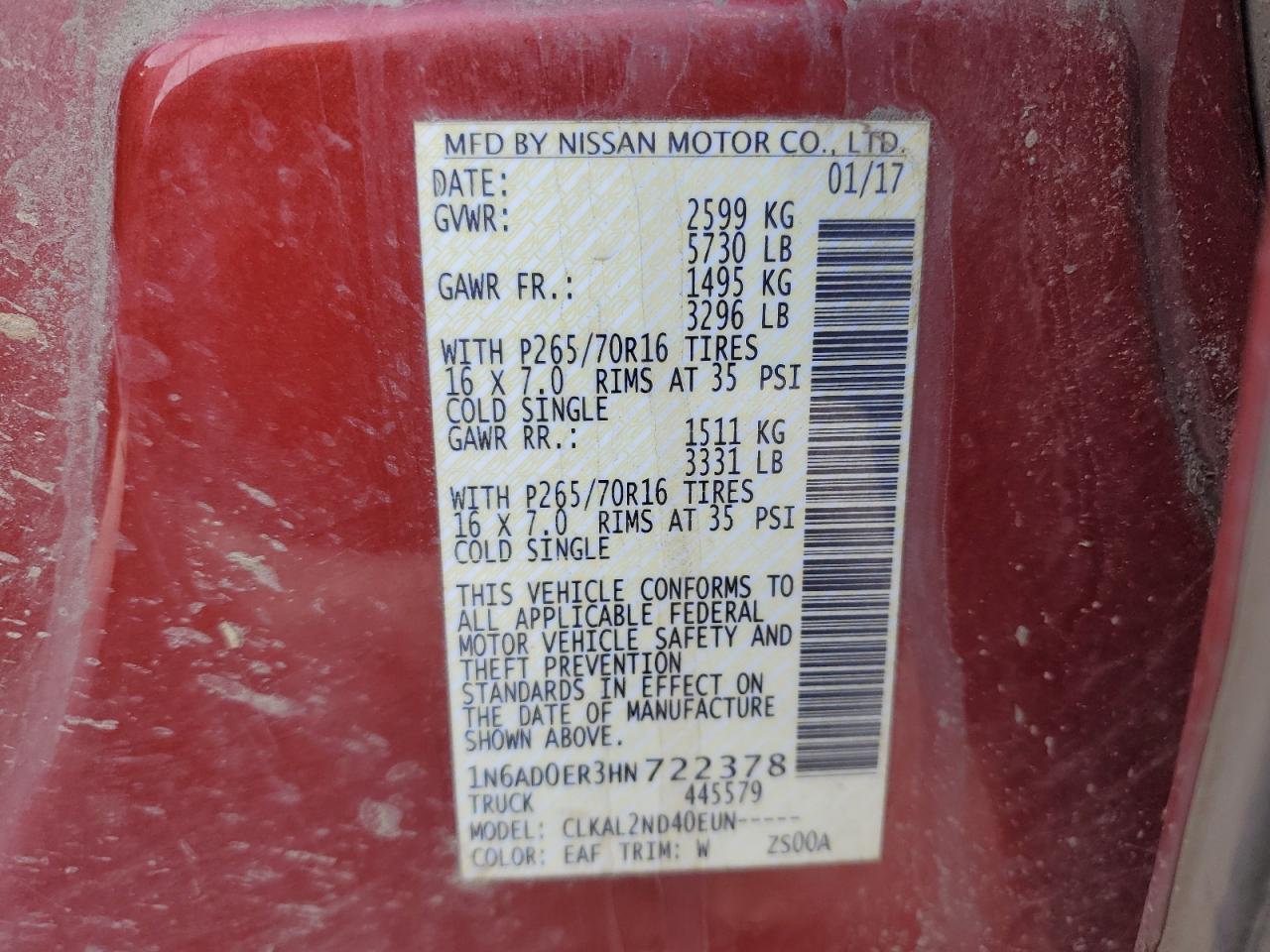 2017 Nissan Navara (Frontier) VIN 1N6AD0ER3HN722378 Copart auction photo, rear end / side damage thumbnail 12