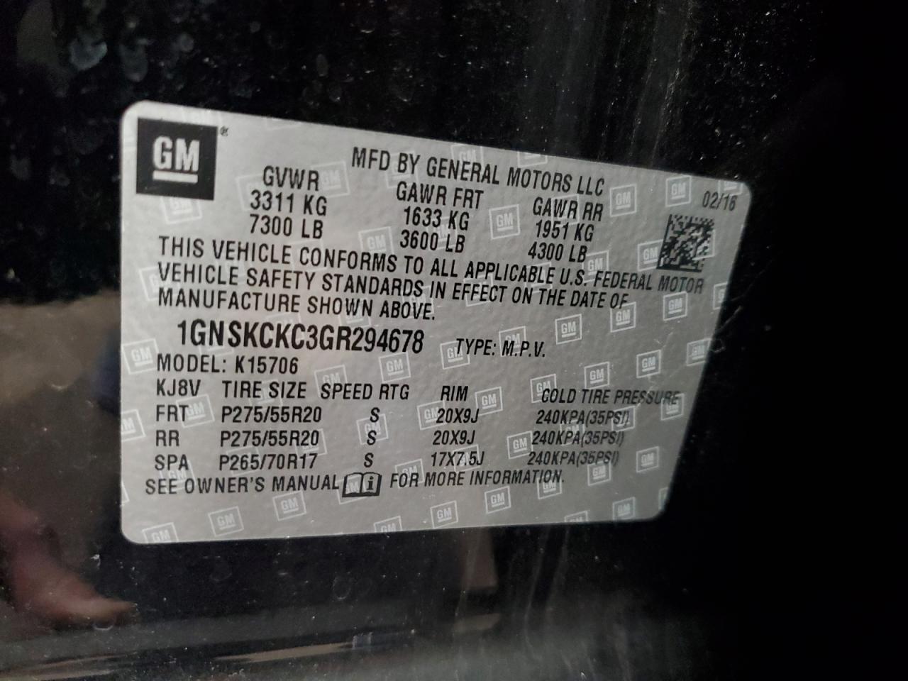 2016 Chevrolet Tahoe VIN 1GNSKCKC3GR294678 Copart auction photo, rear end / front end damage thumbnail 14