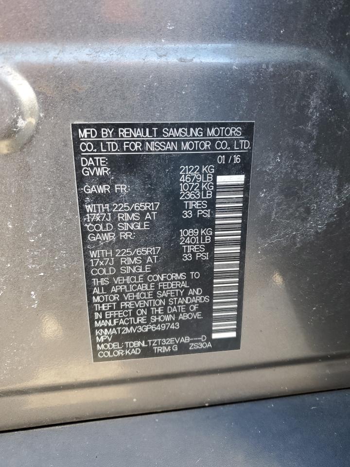 2016 Nissan Rogue VIN KNMAT2MV3GP649743 Copart auction photo, front end / rear end damage thumbnail 13
