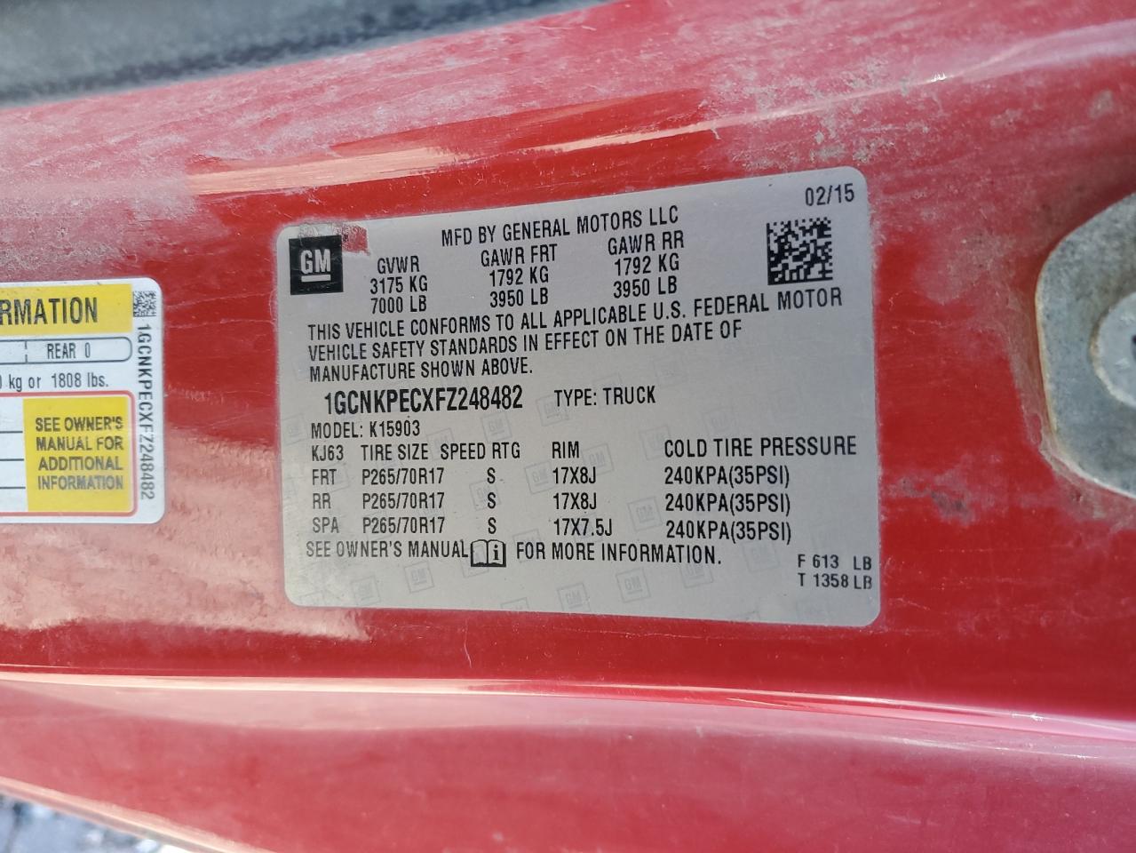 2015 Chevrolet Silverado VIN 1GCNKPECXFZ248482 Copart auction photo, water/flood / front end damage thumbnail 12