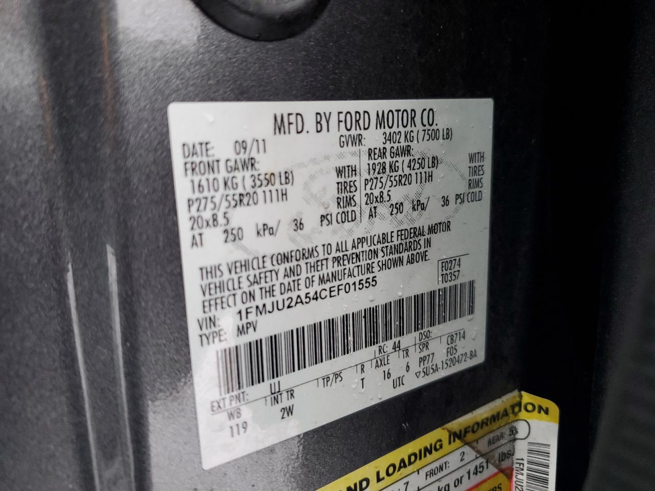 2012 Ford Expedition VIN 1FMJU2A54CEF01555 Copart auction photo, front end damage thumbnail 14