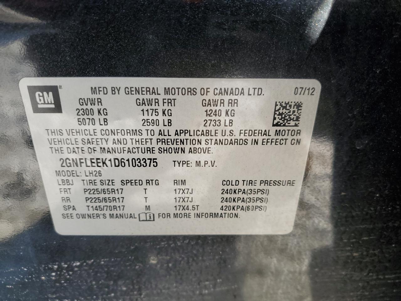 2013 Chevrolet Equinox VIN 2GNFLEEK1D6103375 Copart auction photo, water/flood damage thumbnail 13