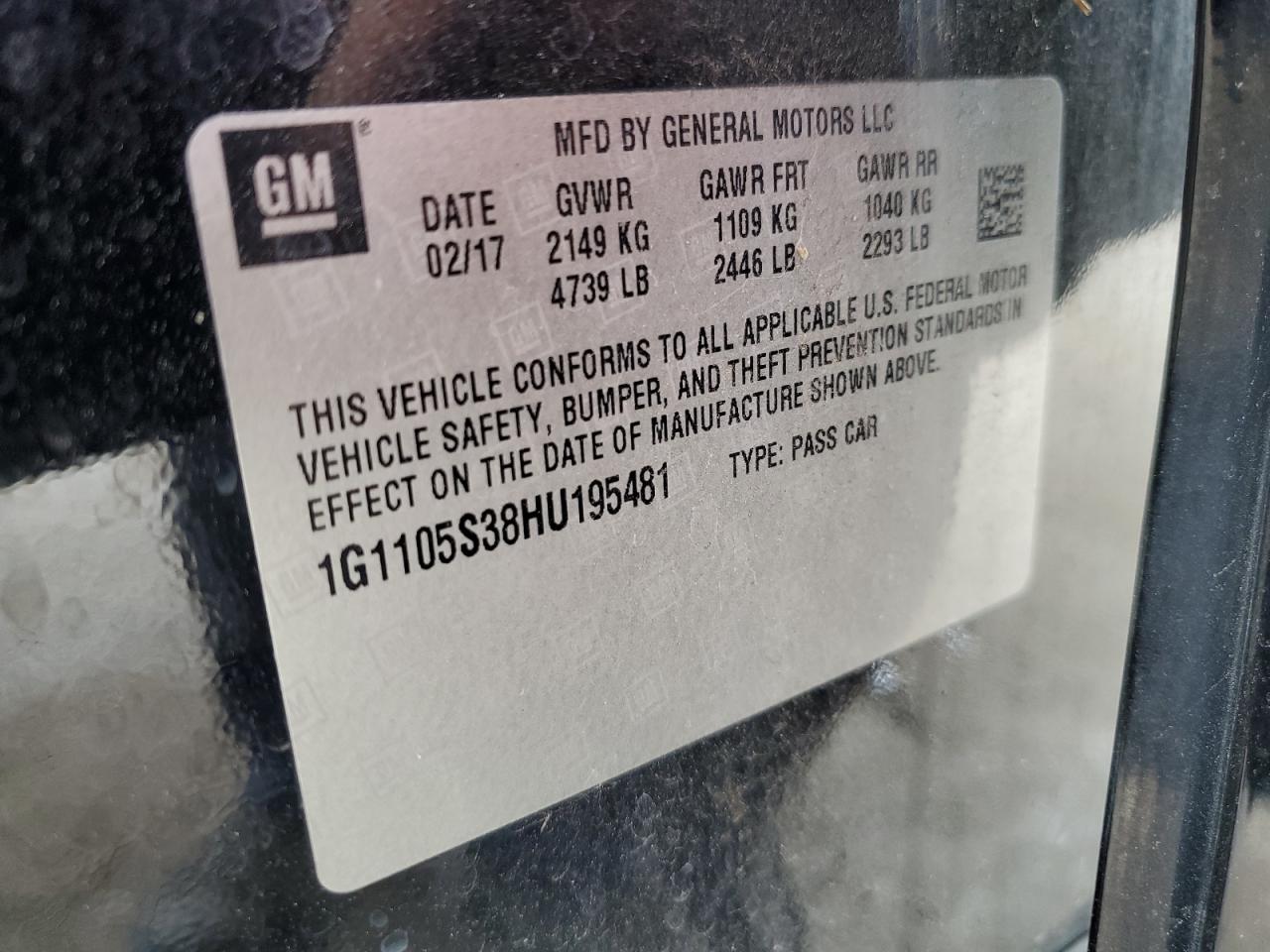 2017 Chevrolet Impala VIN 1G1105S38HU195481 Copart auction photo, front end damage thumbnail 14