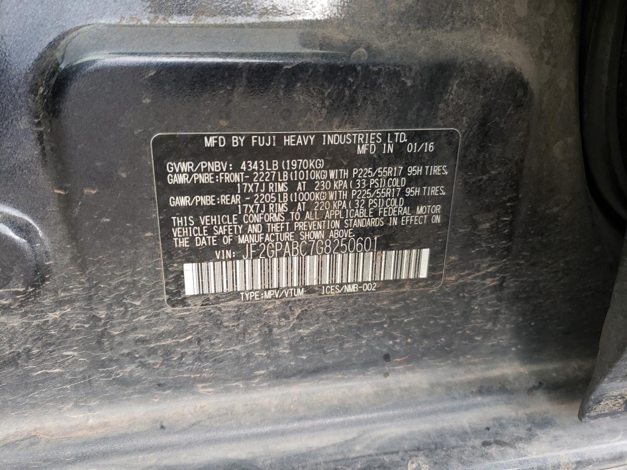 2016 Subaru XV VIN JF2GPABC7G8250601 Copart auction photo, front end damage thumbnail 10