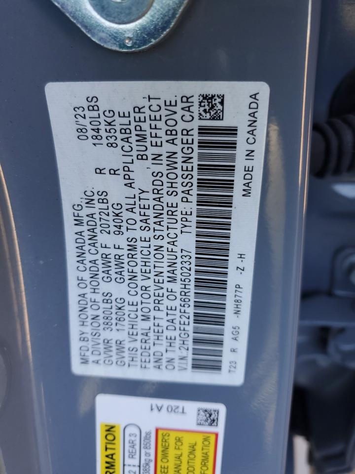 2024 Honda Civic VIN 2HGFE2F56RH502337 Copart auction photo, all over damage thumbnail 12