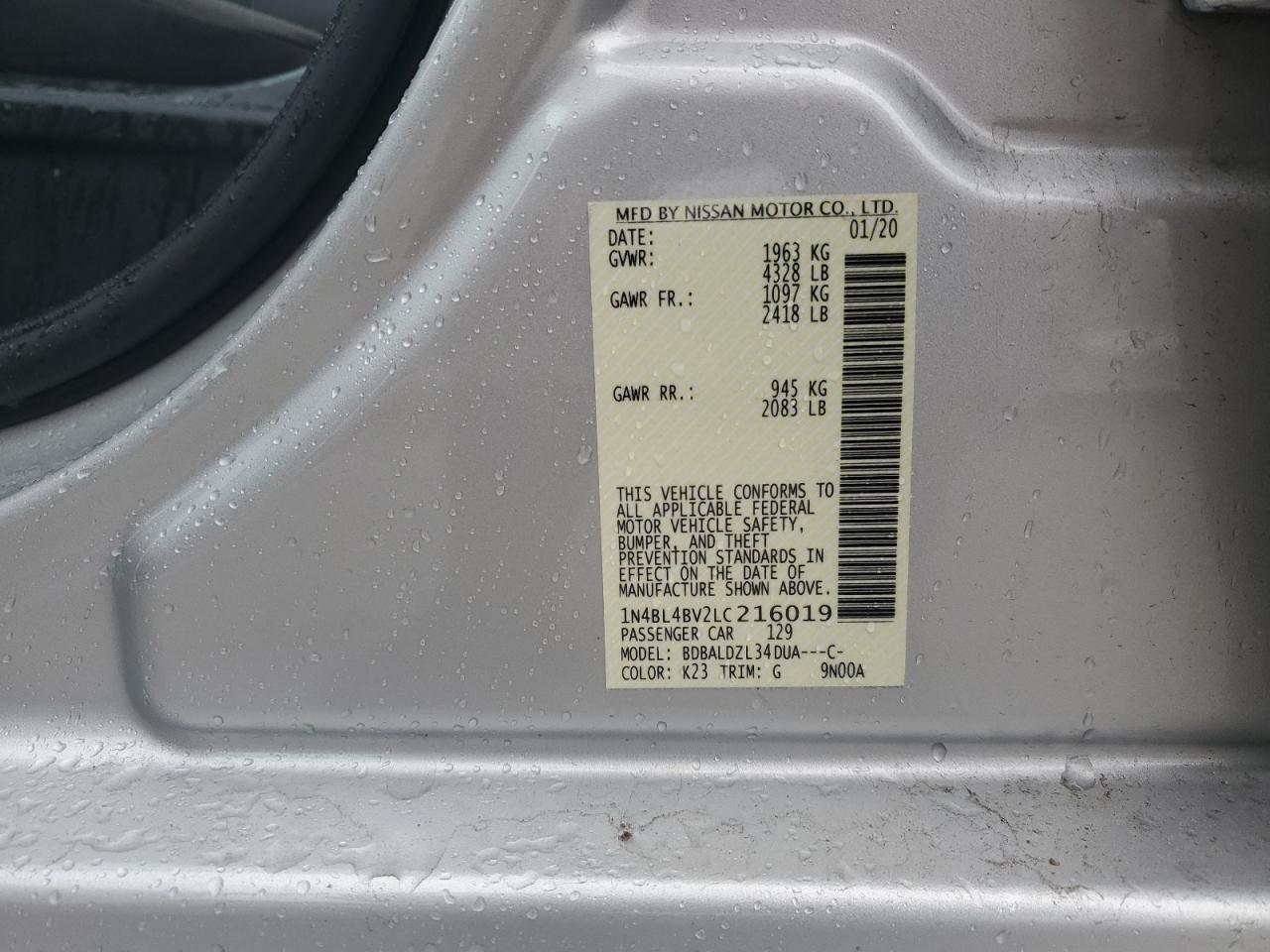 2020 Nissan Altima VIN 1N4BL4BV2LC216019 Copart auction photo, rear end damage thumbnail 14