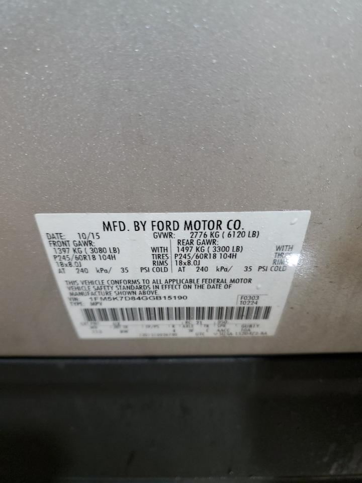 2016 Ford Explorer VIN 1FM5K7D84GGB15190 Copart auction photo, rear end damage thumbnail 13
