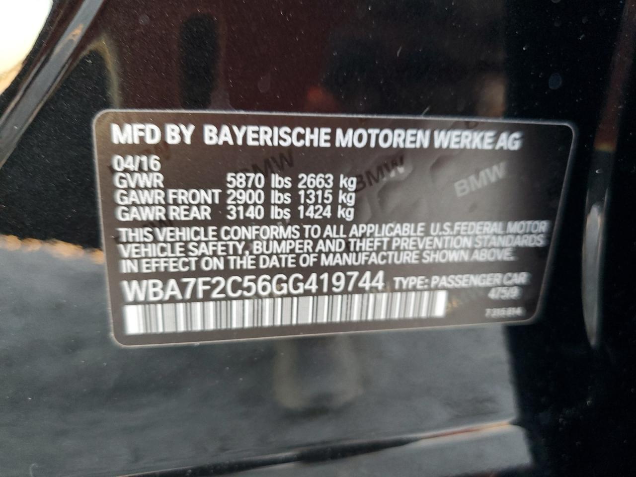 2016 BMW 7er VIN WBA7F2C56GG419744 Copart auction photo, front end damage thumbnail 14