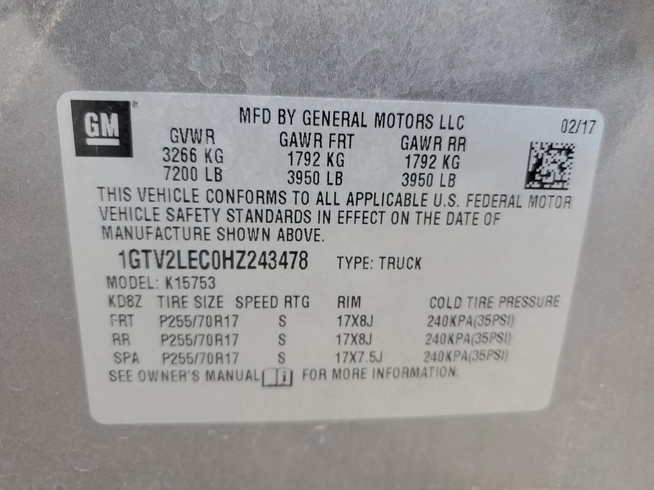 2017 GMC Sierra VIN 1GTV2LEC0HZ243478 Copart auction photo, rollover damage thumbnail 13