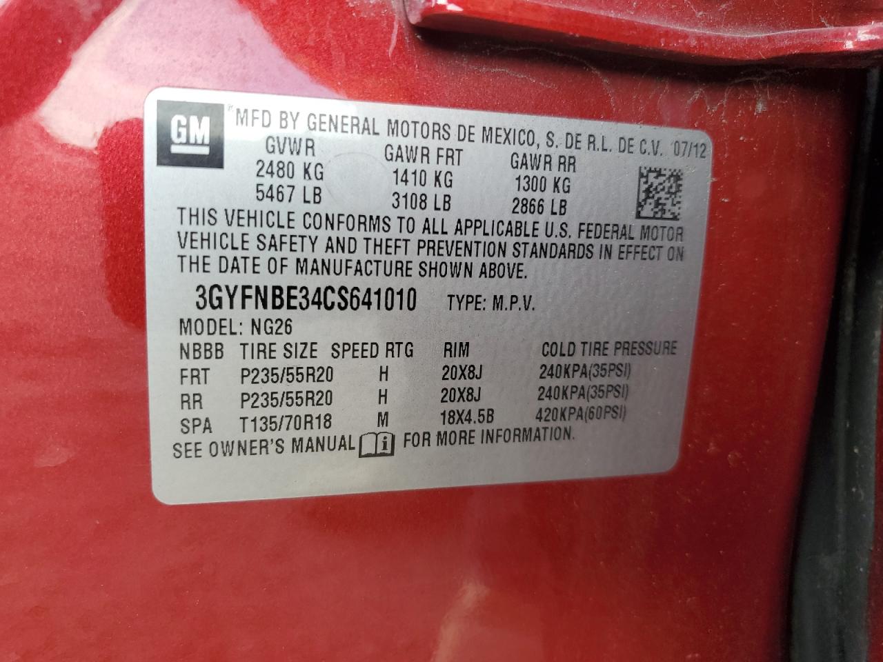 2012 Cadillac SRX VIN 3GYFNBE34CS641010 Copart auction photo, front end damage thumbnail 14