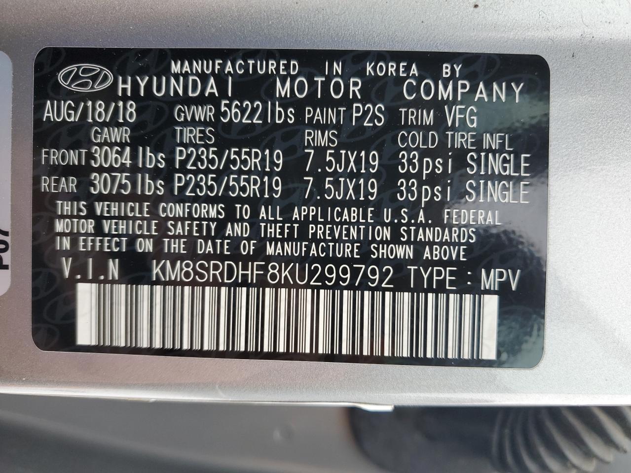 2019 Hyundai Santa Fe VIN KM8SRDHF8KU299792 Copart auction photo, rear end damage thumbnail 13