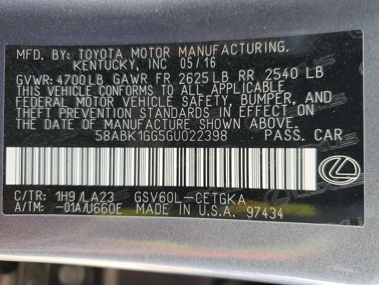 2016 Lexus ES VIN 58ABK1GG5GU022398 Copart auction photo, front end damage thumbnail 13