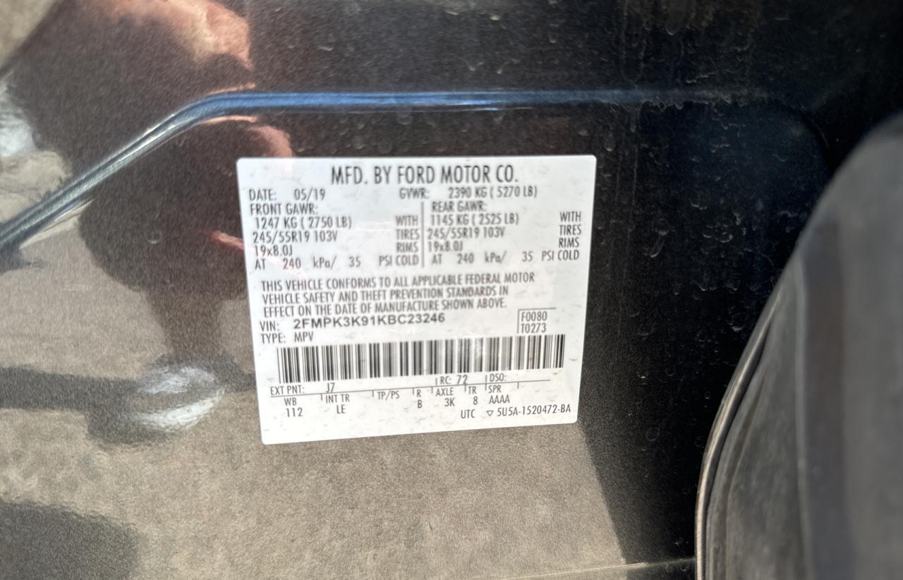 2019 Ford Edge VIN 2FMPK3K91KBC23246 Copart auction photo, normal wear damage thumbnail 10