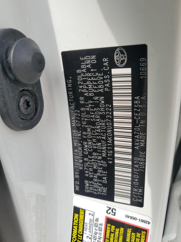 2022 Toyota Camry VIN 4T1G11AK0NU073222 Copart auction photo, side / front end damage thumbnail 14