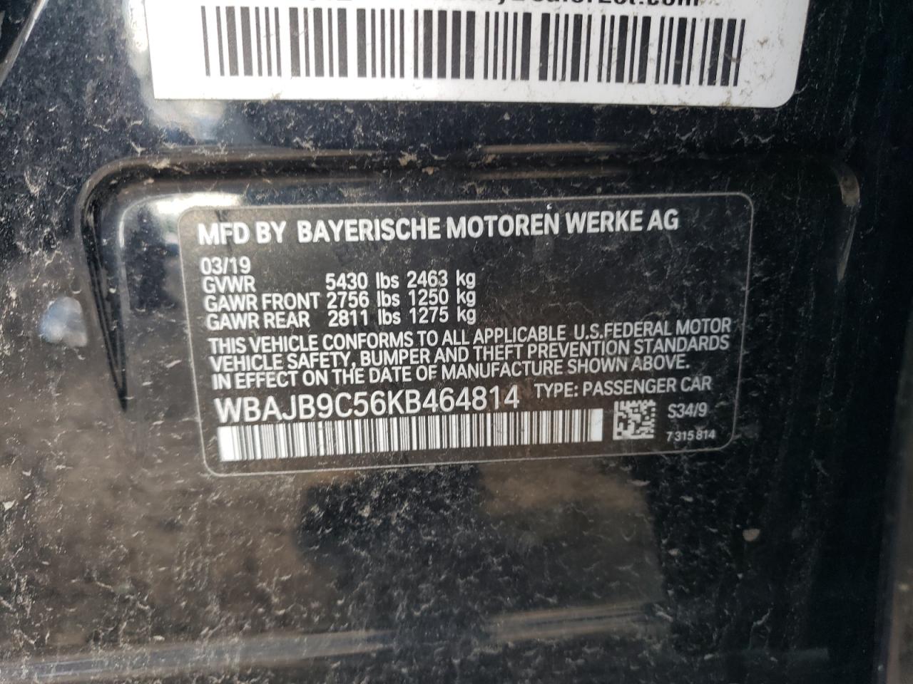 2019 BMW M5 VIN WBAJB9C56KB464814 Copart auction photo, front end / minor dent/scratches damage thumbnail 12