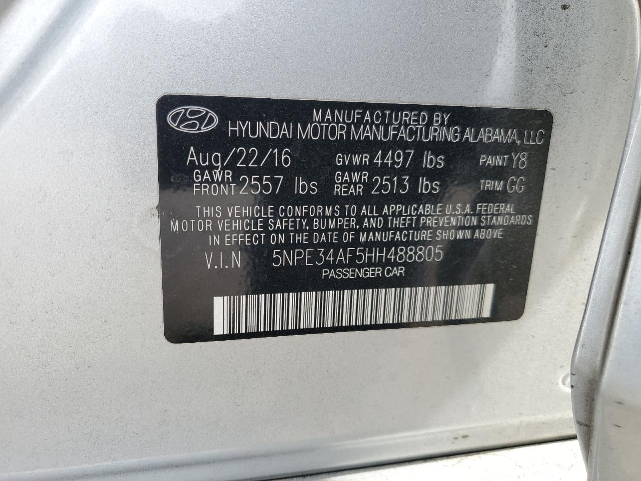 2017 Hyundai Sonata VIN 5NPE34AF5HH488805 Copart auction photo, front end damage thumbnail 14