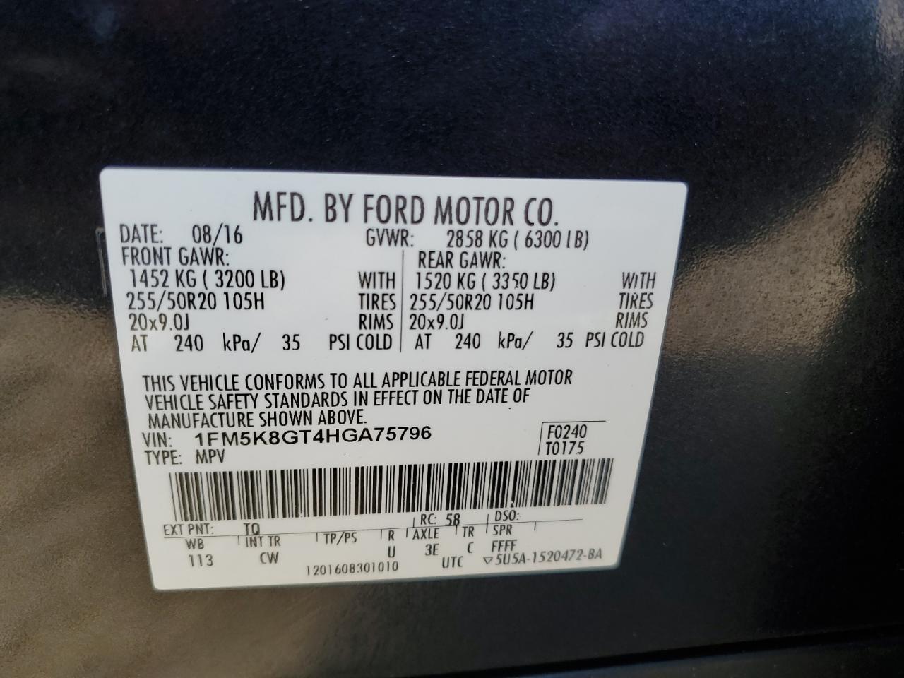 2017 Ford Explorer VIN 1FM5K8GT4HGA75796 Copart auction photo, front end damage thumbnail 13