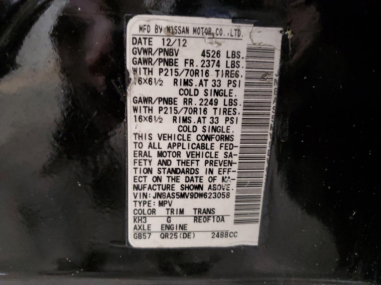 2013 Nissan Rogue VIN JN8AS5MV9DW623058 Copart auction photo, front end / rear end damage thumbnail 13