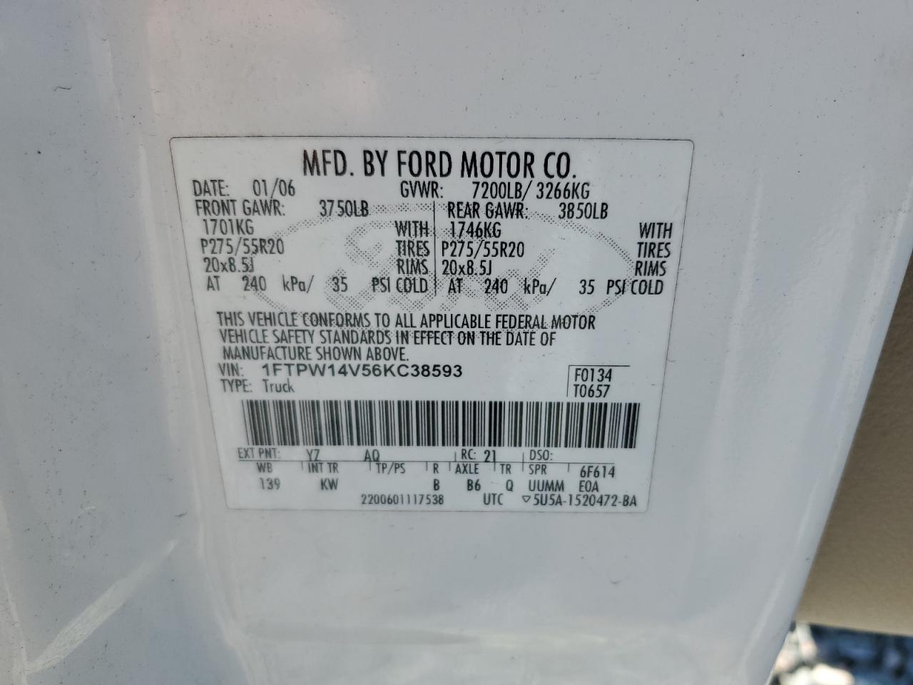 2006 Ford F-150 VIN 1FTPW14V56KC38593 Copart auction photo, front end damage thumbnail 12