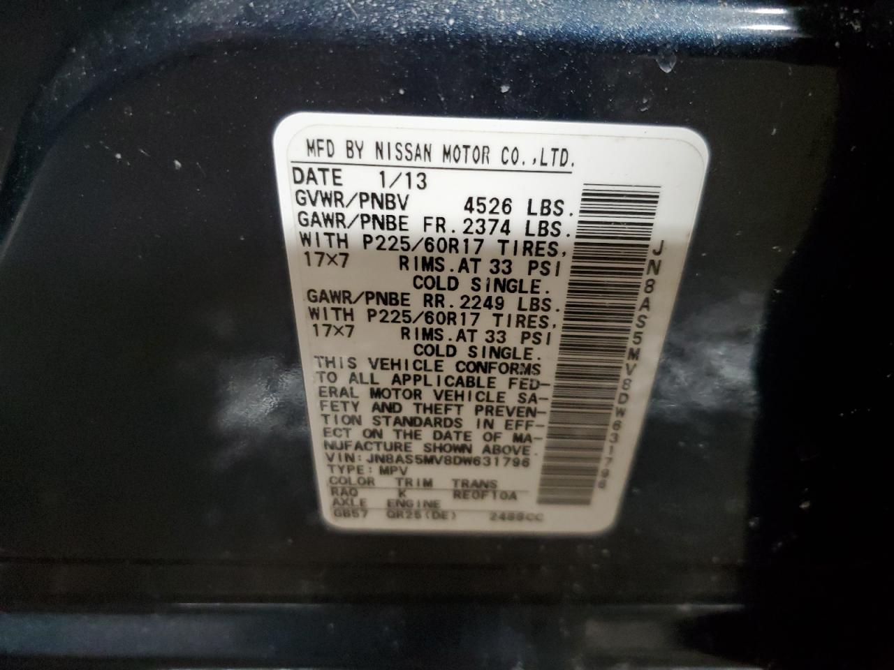 2013 Nissan Rogue VIN JN8AS5MV8DW631796 Copart auction photo, rear end damage thumbnail 13