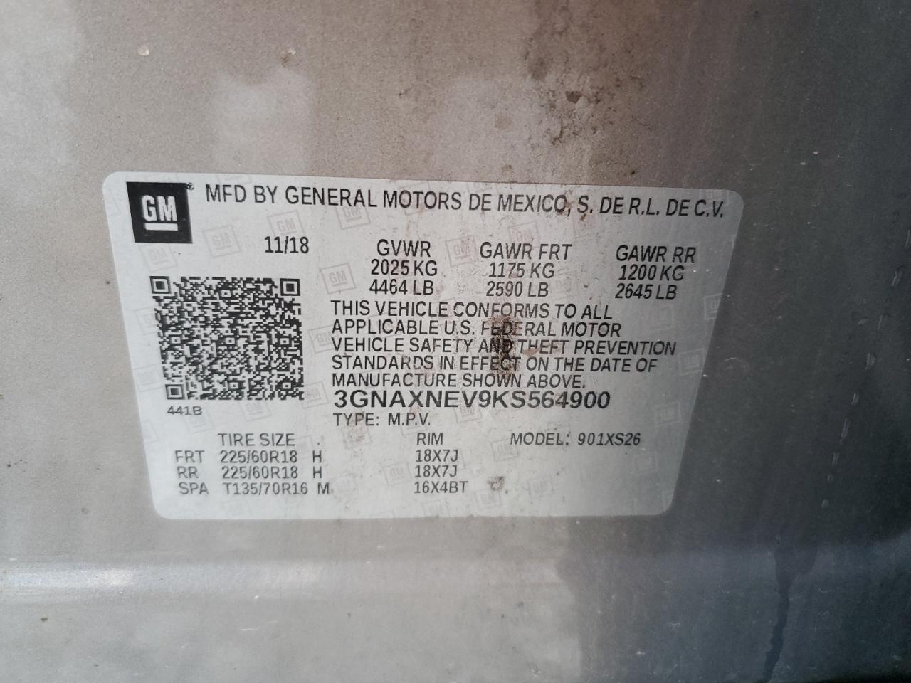 2019 Chevrolet Equinox VIN 3GNAXNEV9KS564900 Copart auction photo, front end damage thumbnail 13