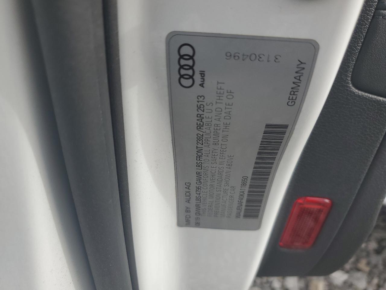 2019 Audi A4 VIN WAUENAF40KA118650 Copart auction photo, front end / side damage thumbnail 12