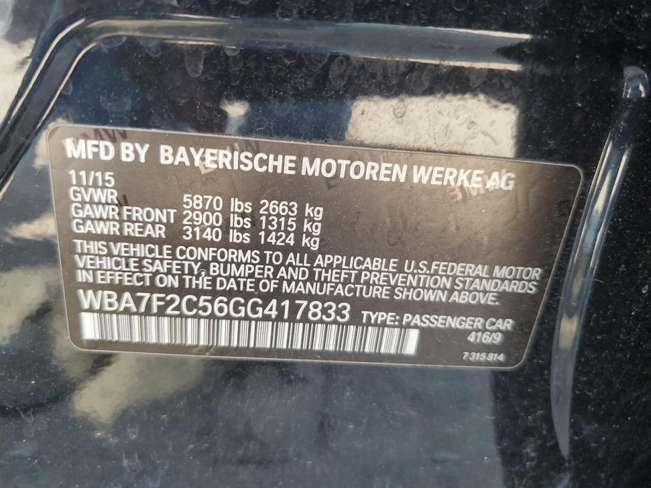 2016 BMW 7er VIN WBA7F2C56GG417833 Copart auction photo, front end damage thumbnail 12