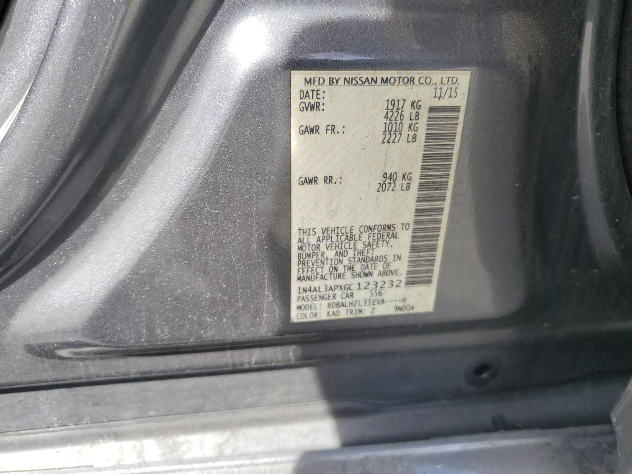2016 Nissan Altima VIN 1N4AL3APXGC123232 Copart auction photo, rear end / side damage thumbnail 14