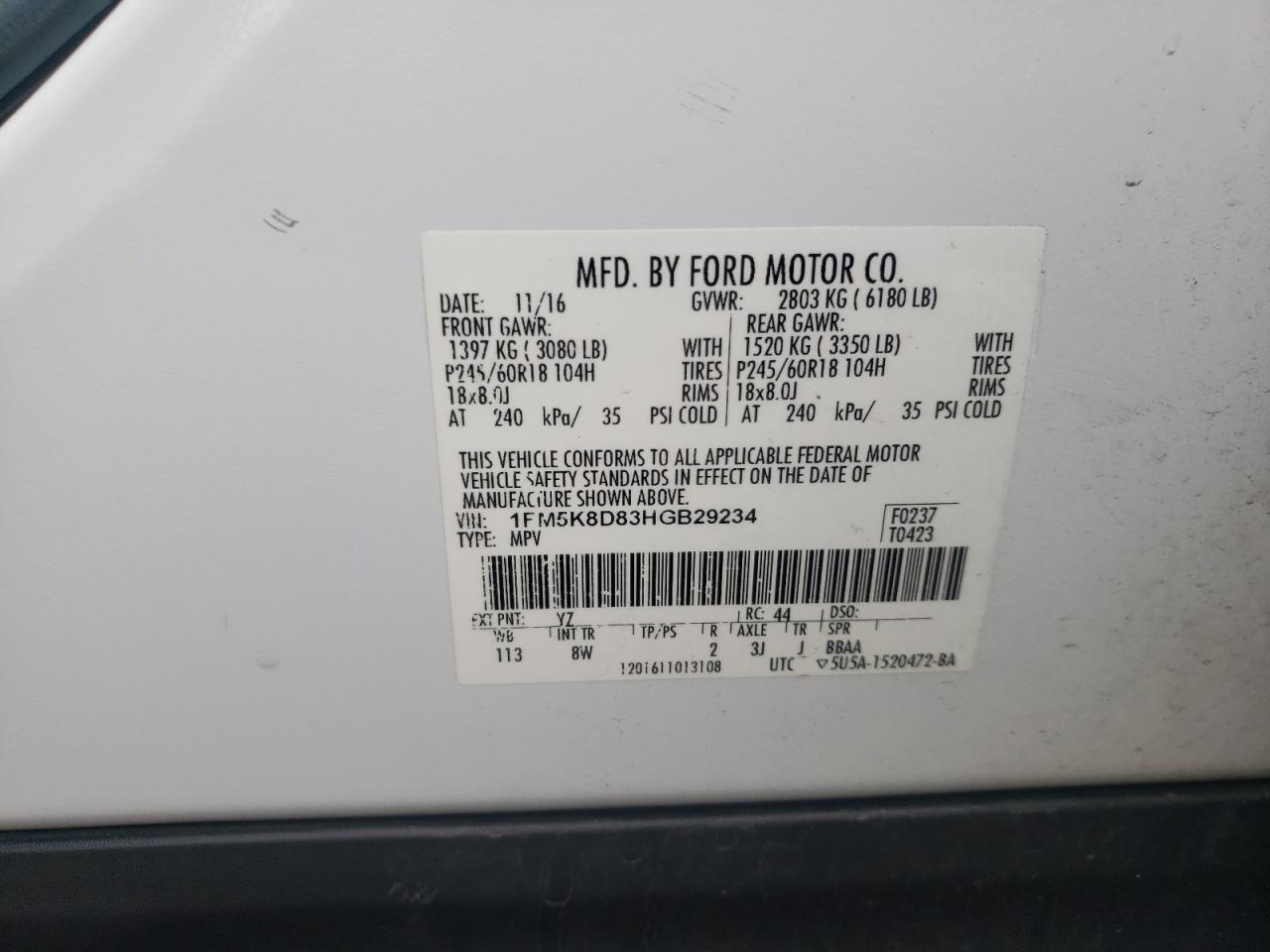 2017 Ford Explorer VIN 1FM5K8D83HGB29234 Copart auction photo, rear end damage thumbnail 14