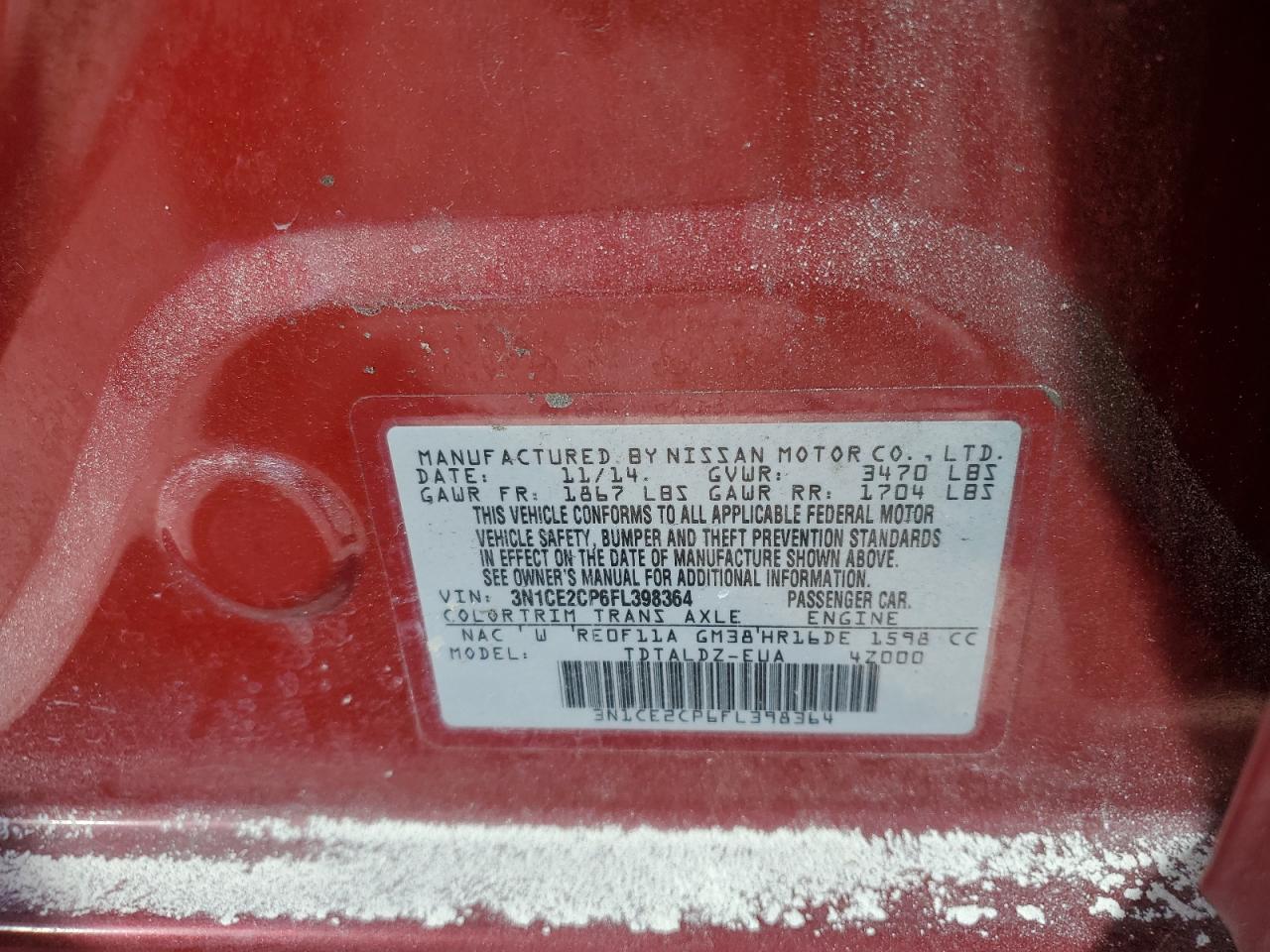2015 Nissan Versa VIN 3N1CE2CP6FL398364 Copart auction photo, front end damage thumbnail 15