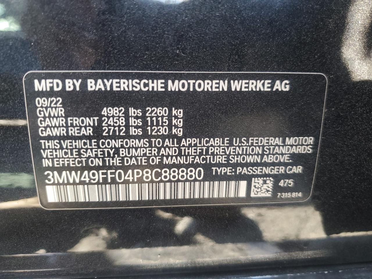 2023 BMW M3 VIN 3MW49FF04P8C88880 Copart auction photo, all over damage thumbnail 14