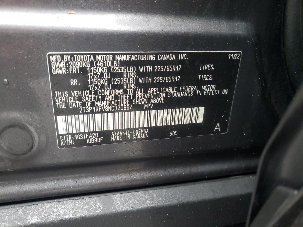 2022 Toyota RAV 4 VIN 2T3P1RFV8NC320867 Copart auction photo, front end damage thumbnail 14