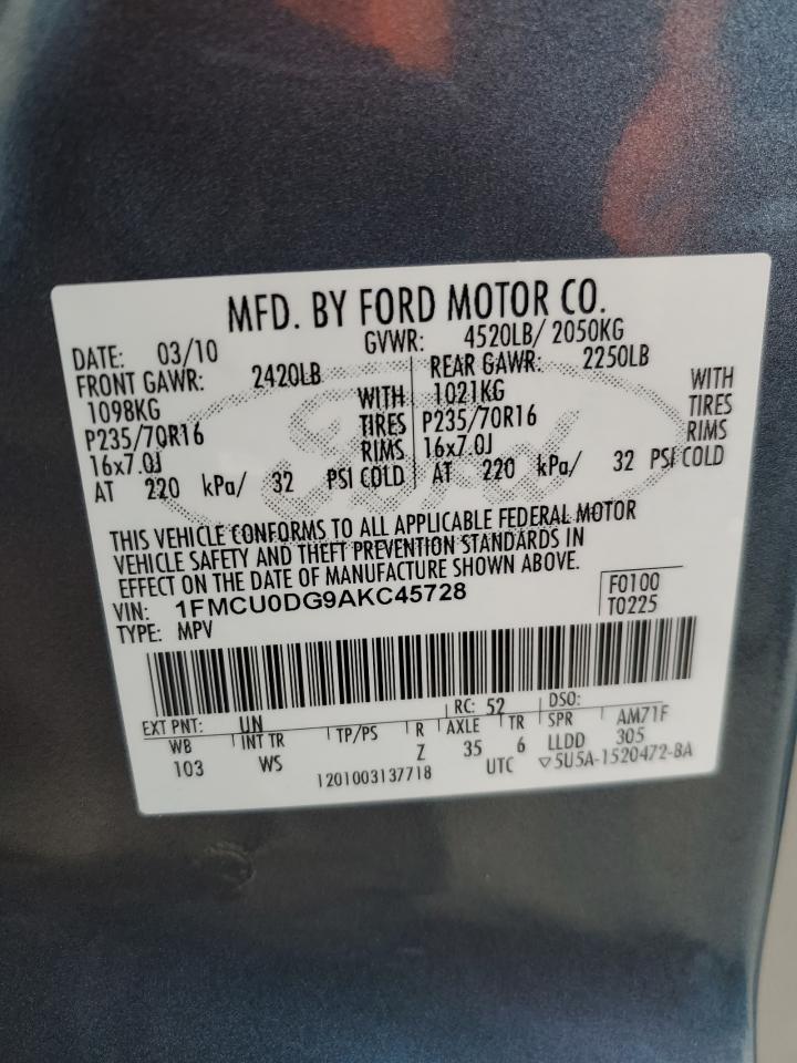2010 Ford Escape VIN 1FMCU0DG9AKC45728 Copart auction photo, rear end / minor dent/scratches damage thumbnail 13