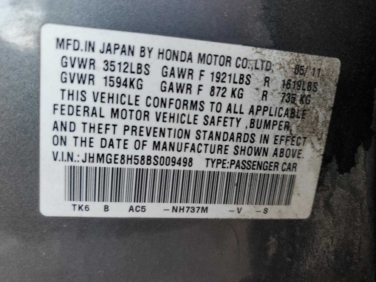 2011 Honda Fit VIN JHMGE8H58BS009498 Copart auction photo, front end damage thumbnail 12