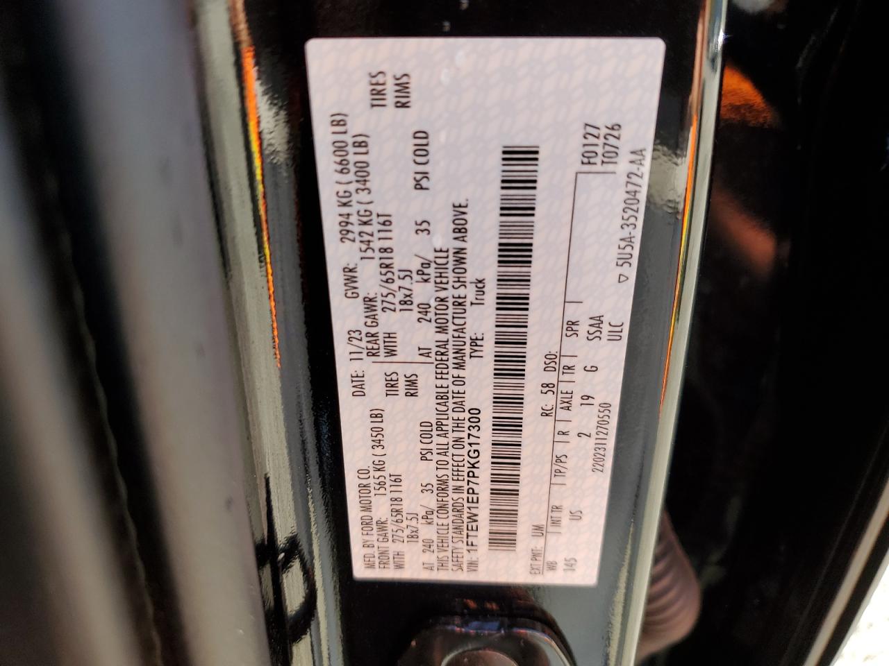 2023 Ford F-150 VIN 1FTEW1EP7PKG17300 Copart auction photo, top/roof / rear end damage thumbnail 12