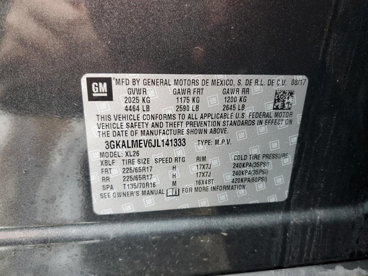 2018 GMC Terrain VIN 3GKALMEV6JL141333 Copart auction photo, rear end damage thumbnail 13