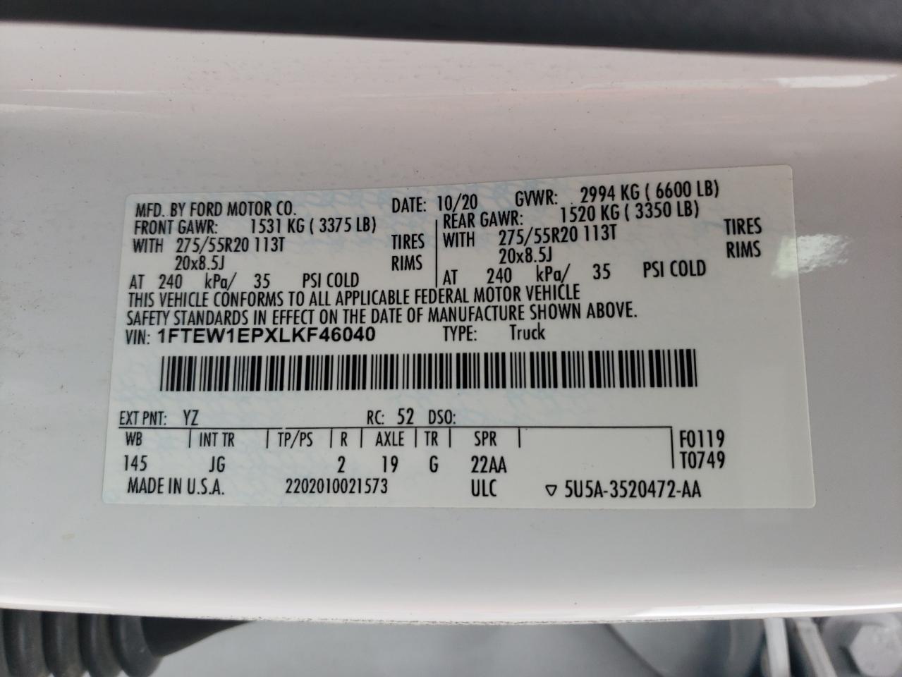 2020 Ford F-150 VIN 1FTEW1EPXLKF46040 Copart auction photo, hail / minor dent/scratches damage thumbnail 12