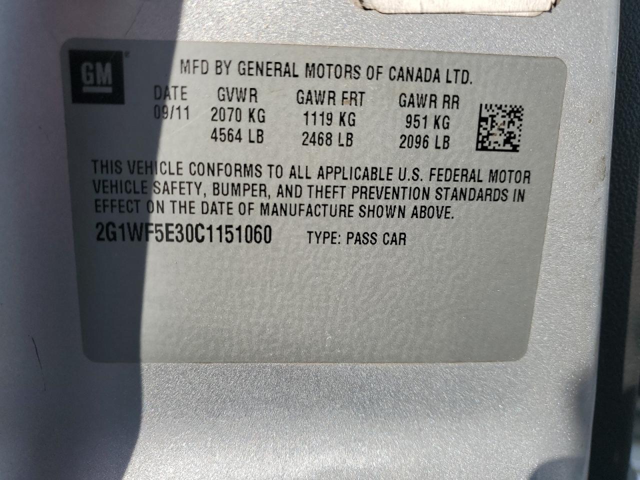 2012 Chevrolet Impala VIN 2G1WF5E30C1151060 Copart auction photo, all over damage thumbnail 14