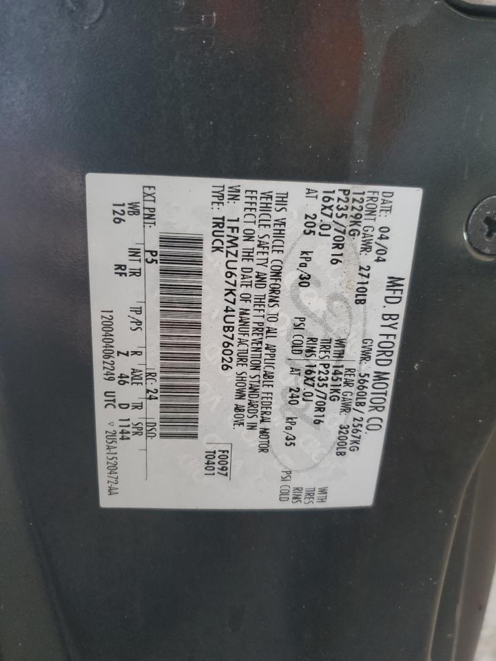 2004 Ford Explorer VIN 1FMZU67K74UB76026 Copart auction photo, minor dent/scratches damage thumbnail 12