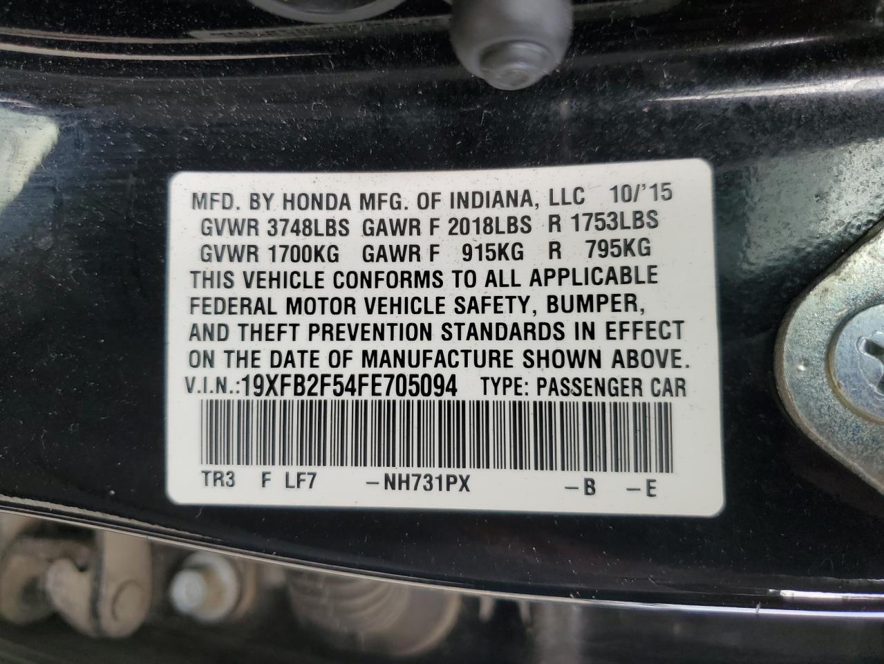 2015 Honda Civic VIN 19XFB2F54FE705094 Copart auction photo, rear end / front end damage thumbnail 12