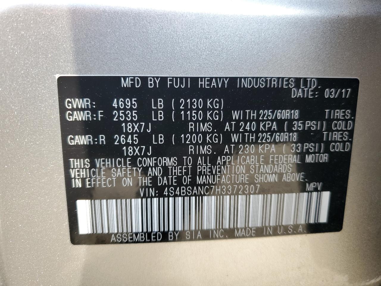 2017 Subaru Outback VIN 4S4BSANC7H3372307 Copart auction photo, all over damage thumbnail 14