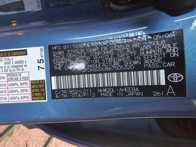 2006 Toyota Prius VIN JTDKB20U867505320 Copart auction photo, normal wear / minor dent/scratches damage thumbnail 10