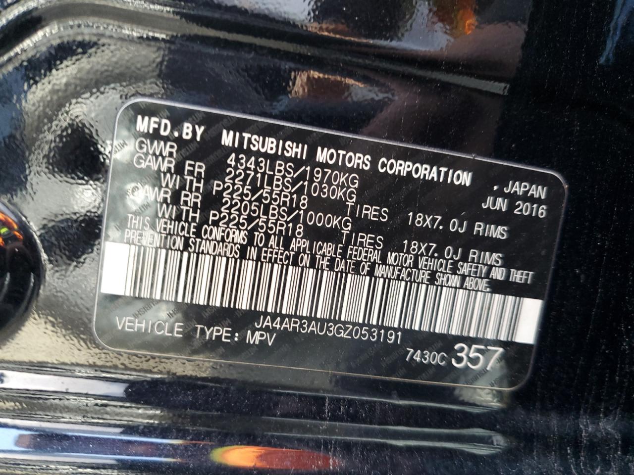 2016 Mitsubishi Outlander VIN JA4AR3AU3GZ053191 Copart auction photo, rear end / undercarriage damage thumbnail 13