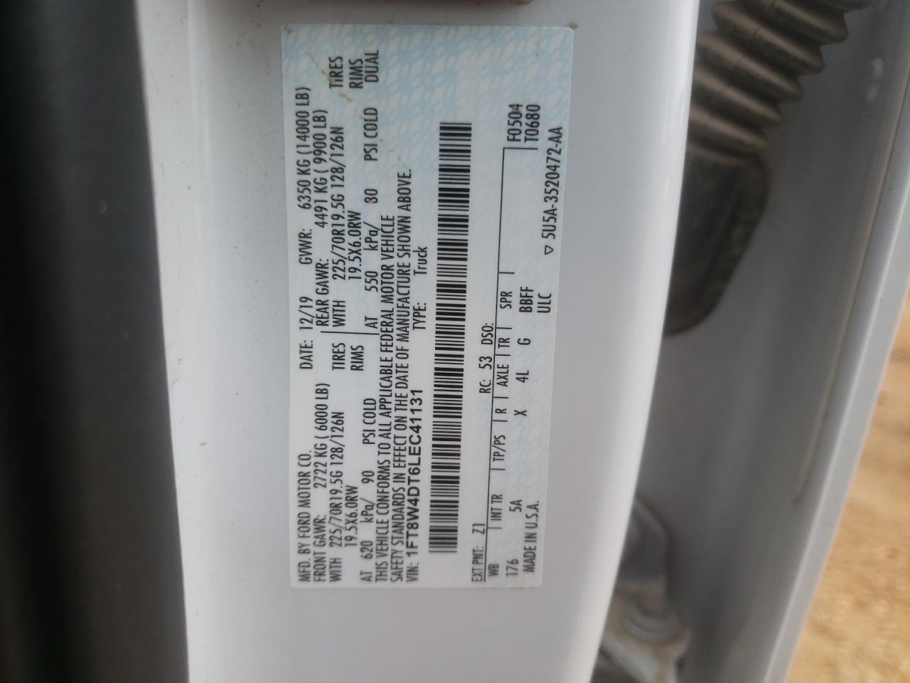 2020 Ford F450 VIN 1FT8W4DT6LEC41131 Copart auction photo, side / top/roof damage thumbnail 14