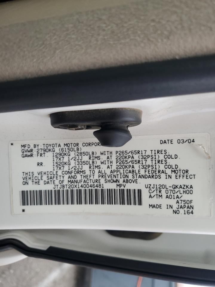 2004 Lexus GX VIN JTJBT20X140046481 Copart auction photo, front end damage thumbnail 15