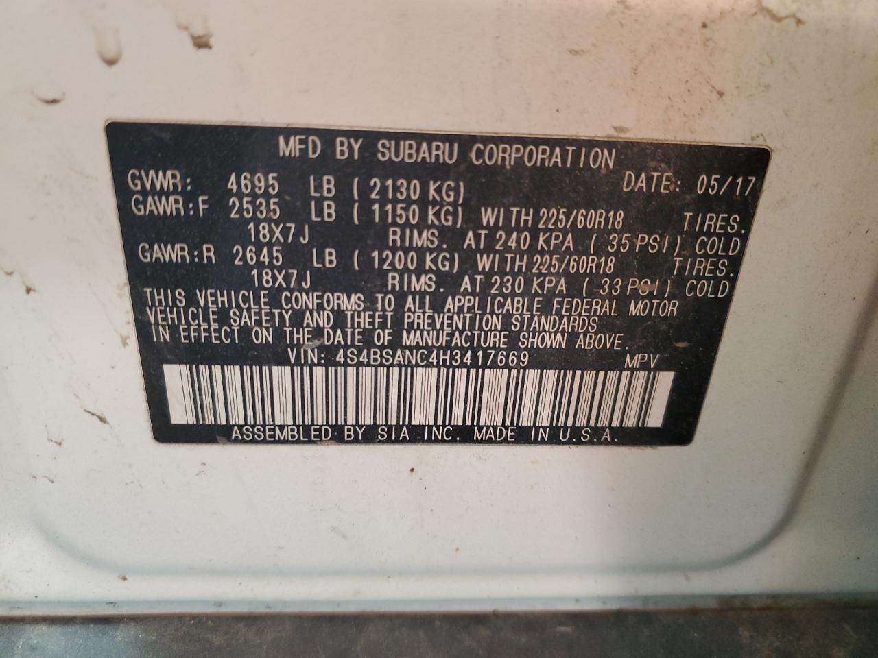 2017 Subaru Outback VIN 4S4BSANC4H3417669 Copart auction photo, undercarriage / rear end damage thumbnail 13