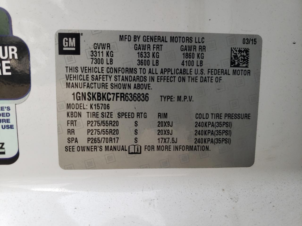 2015 Chevrolet Tahoe VIN 1GNSKBKC7FR636836 Copart auction photo, front end / side damage thumbnail 13