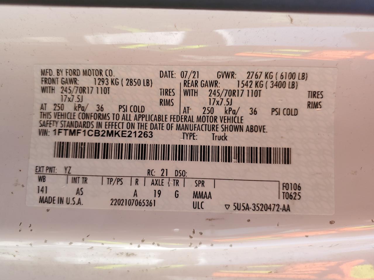 2021 Ford F-150 VIN 1FTMF1CB2MKE21263 Copart auction photo, front end damage thumbnail 13